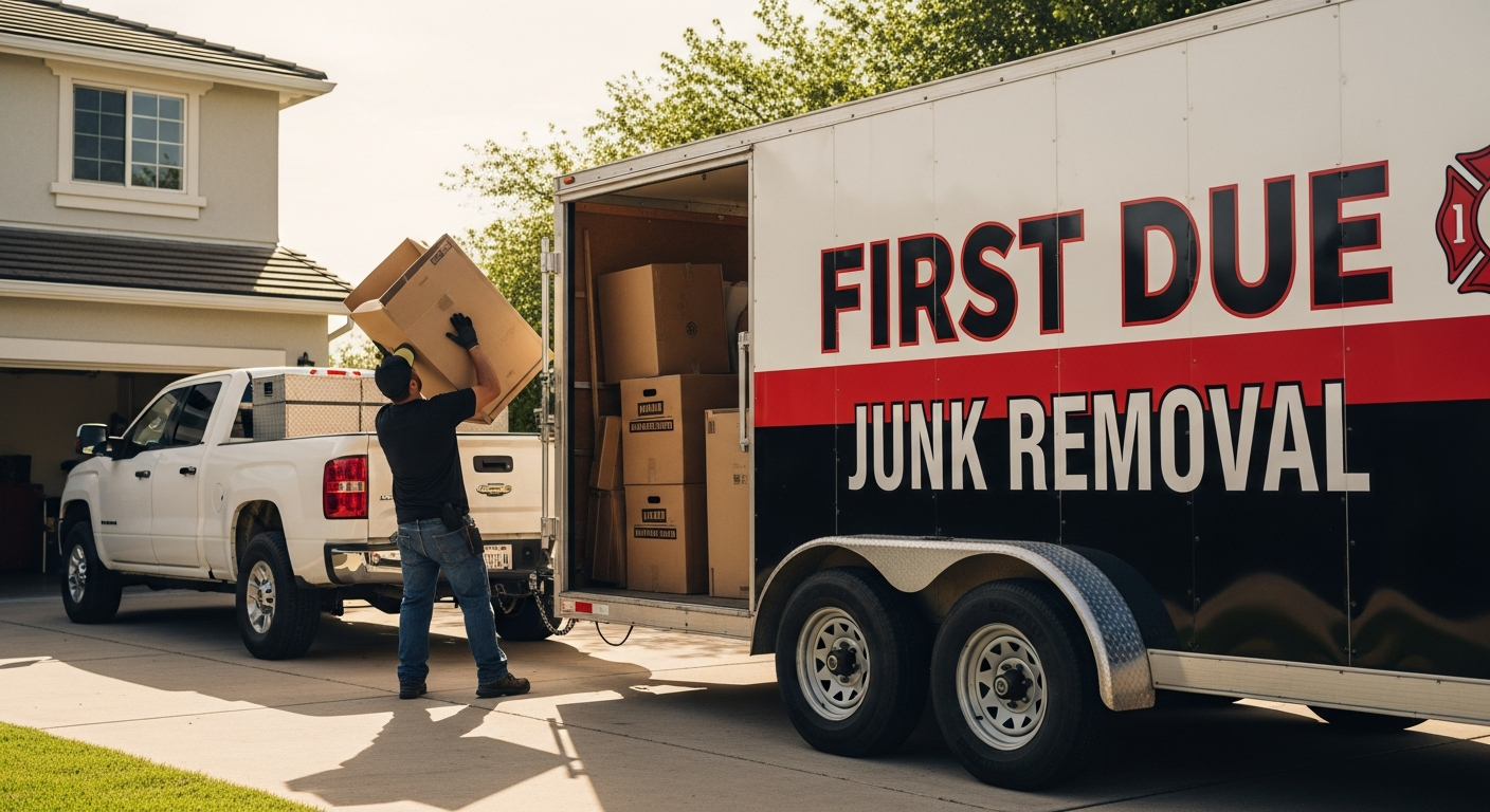 First Due Services worker loading junk into branded trailer